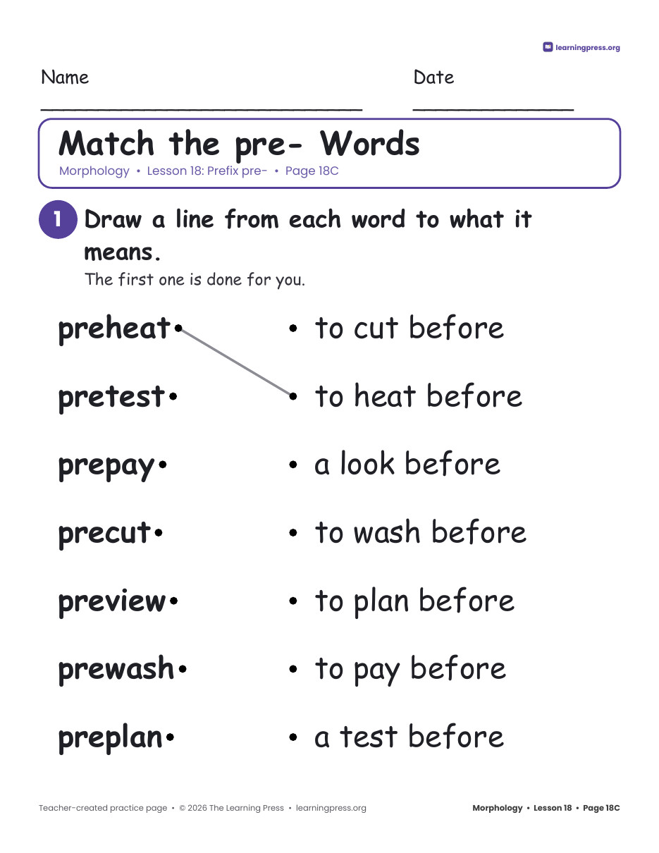 Preview page 3 of Grade 2 Morphology Unit 4: un-, re-, pre-, dis-, mis- · Slides & Worksheets