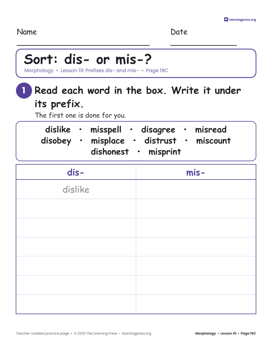 Preview page 4 of Grade 2 Morphology Unit 4: un-, re-, pre-, dis-, mis- · Slides & Worksheets