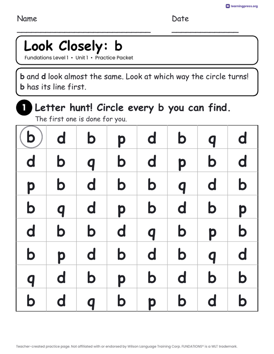 Preview page 2 of Fundations Level 1 Unit 1 Practice Packet