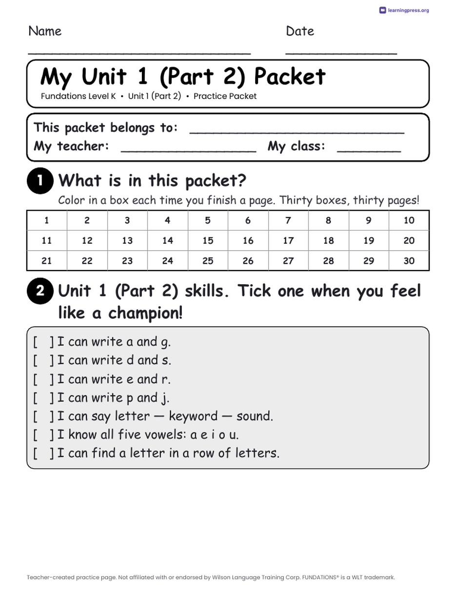Preview page 2 of Fundations Level K Unit 1 Practice Packet