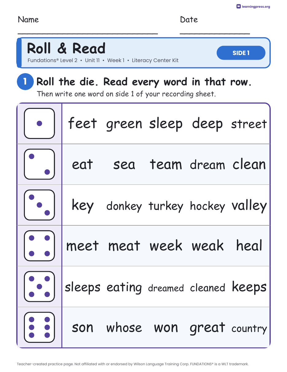 Preview page 1 of Fundations Level 2 Unit 11 Week 1 Literacy Center Kit