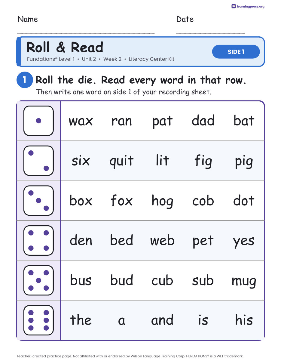 Preview page 1 of Fundations Level 1 Unit 2 Week 2 Literacy Center Kit