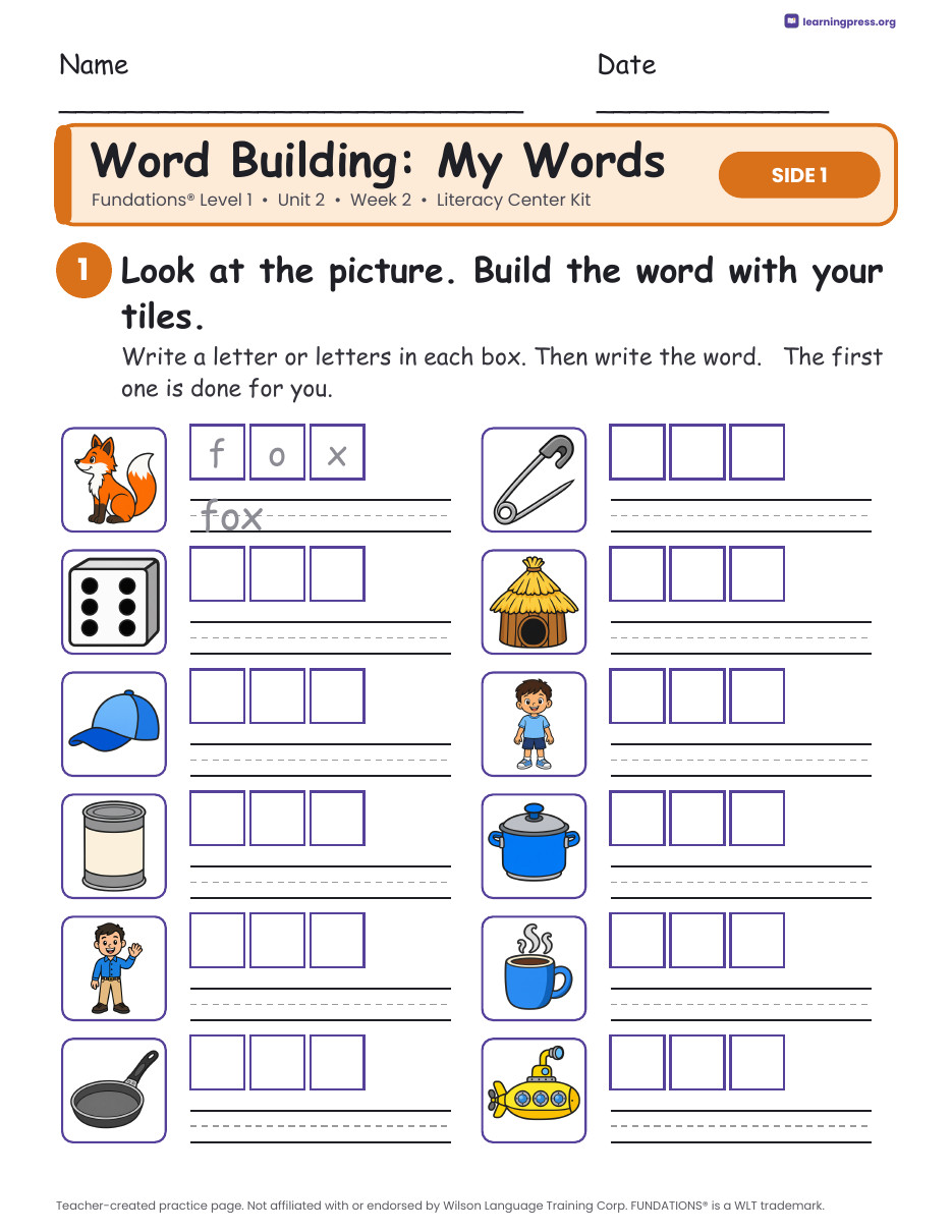 Preview page 2 of Fundations Level 1 Unit 2 Week 2 Literacy Center Kit