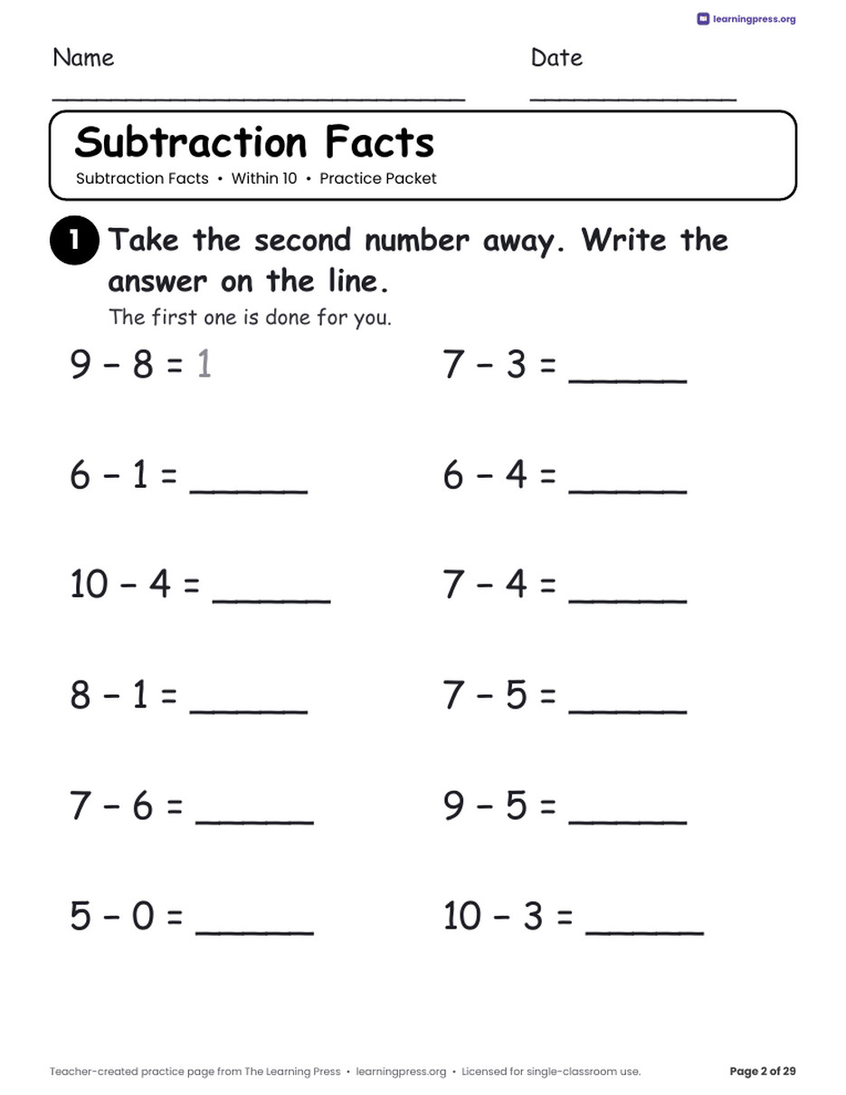 Preview page 2 of Subtraction Practice Packet · Within 10