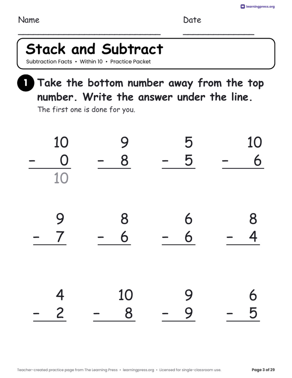 Preview page 3 of Subtraction Practice Packet · Within 10