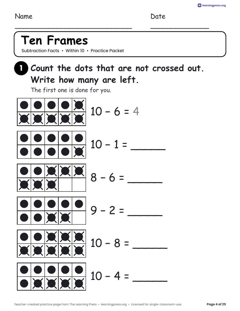 Preview page 4 of Subtraction Practice Packet · Within 10