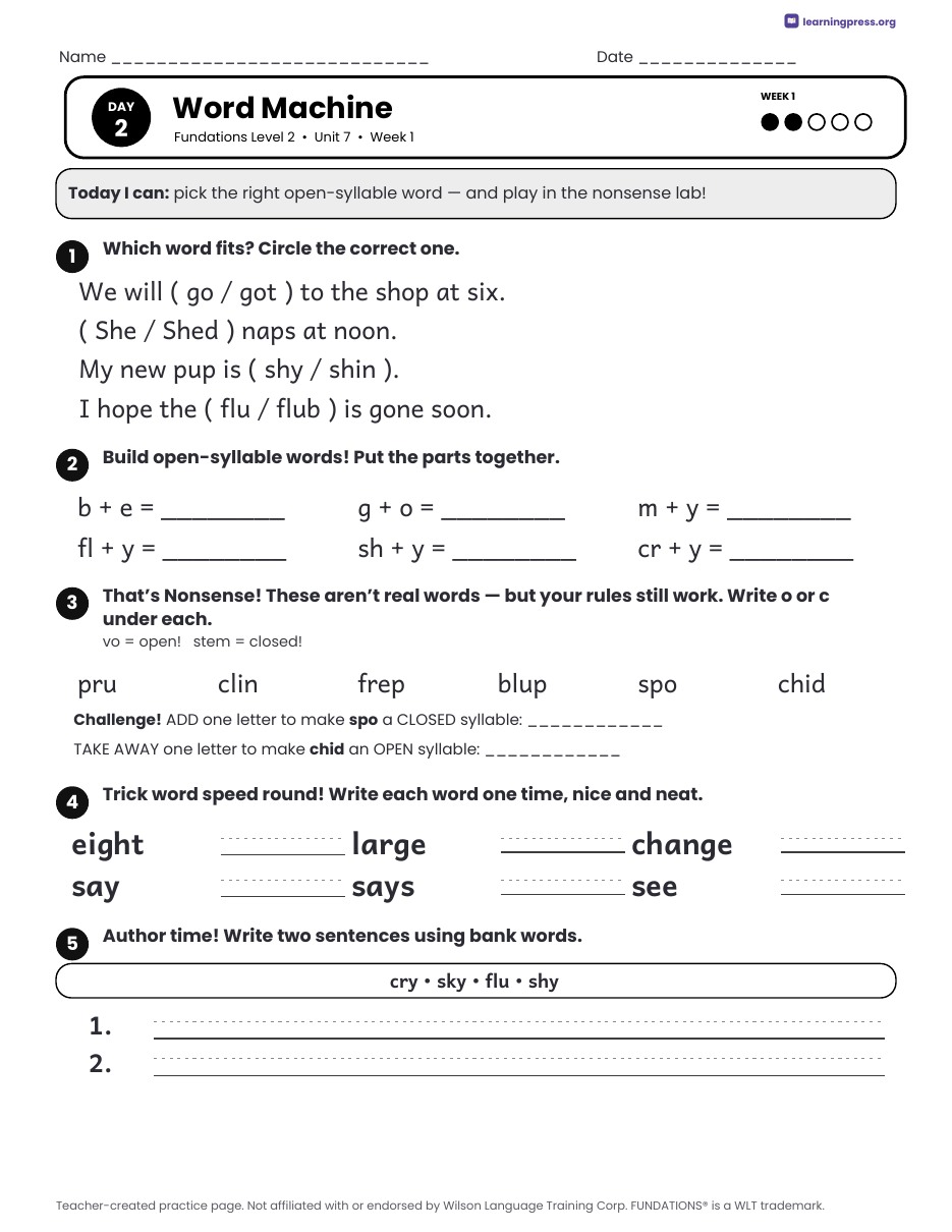 Preview page 1 of Fundations Level 2 Unit 7 Daily Lesson Work Pages