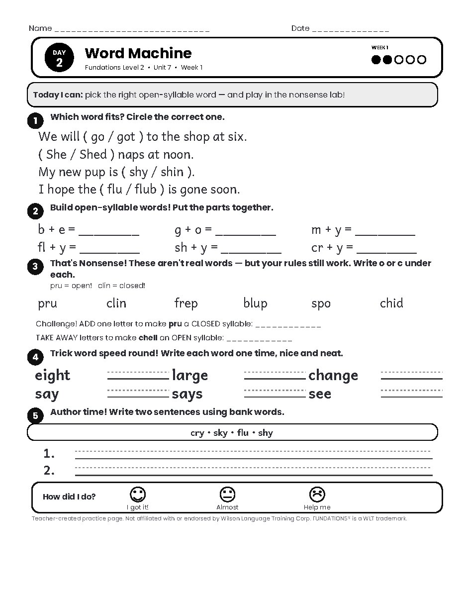 Preview page 3 of Fundations Level 2 Unit 7 Practice Pack