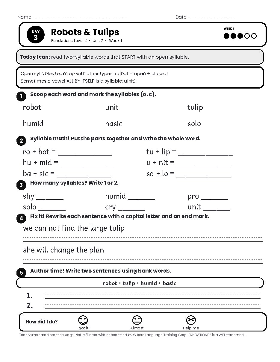 Preview page 4 of Fundations Level 2 Unit 7 Practice Pack