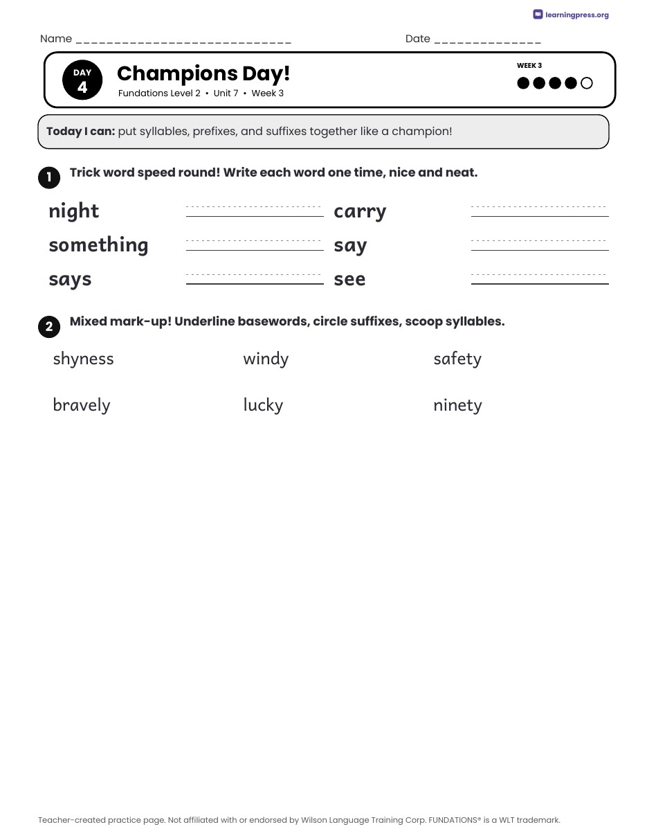 Preview page 4 of Fundations Level 2 Unit 7 Daily Lesson Work Pages