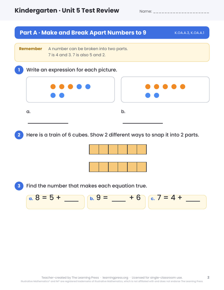 Preview page 1 of Illustrative Math (IM®) Aligned Kindergarten Unit 5 Test Review