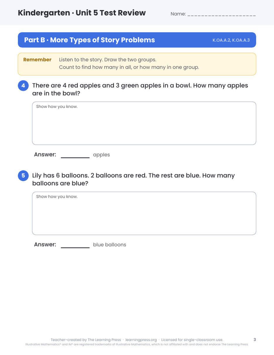 Preview page 2 of Illustrative Math (IM®) Aligned Kindergarten Unit 5 Test Review