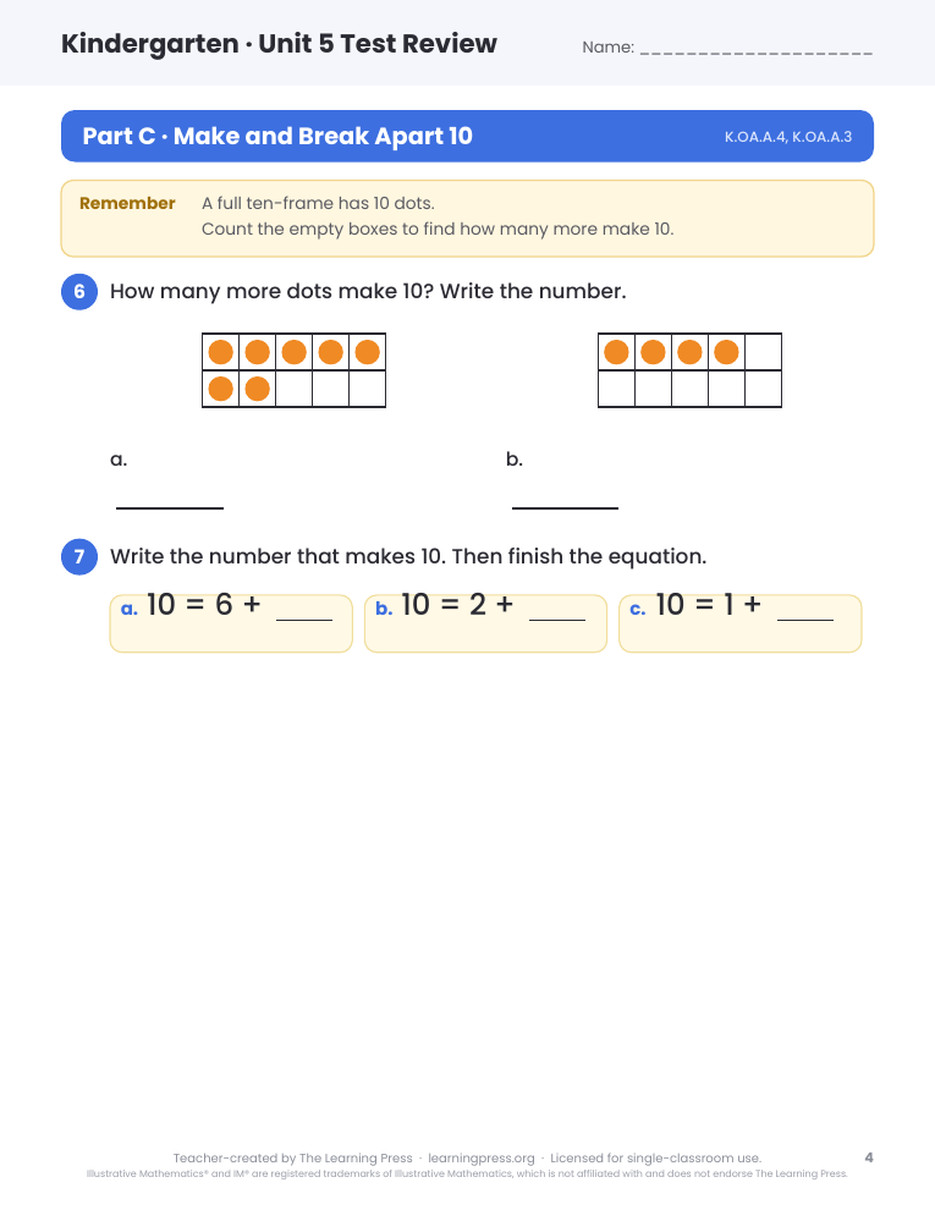 Preview page 3 of Illustrative Math (IM®) Aligned Kindergarten Unit 5 Test Review