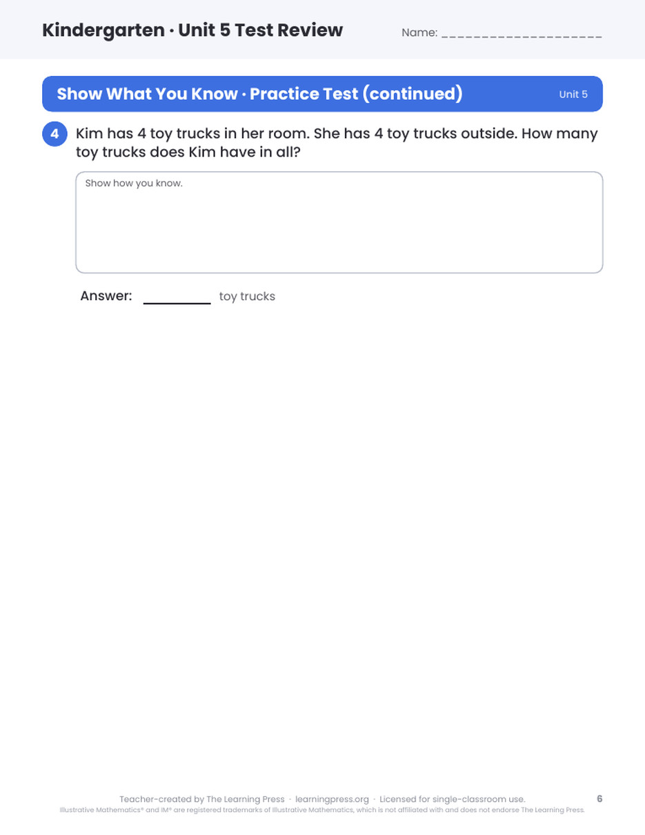 Preview page 4 of Illustrative Math (IM®) Aligned Kindergarten Unit 5 Test Review