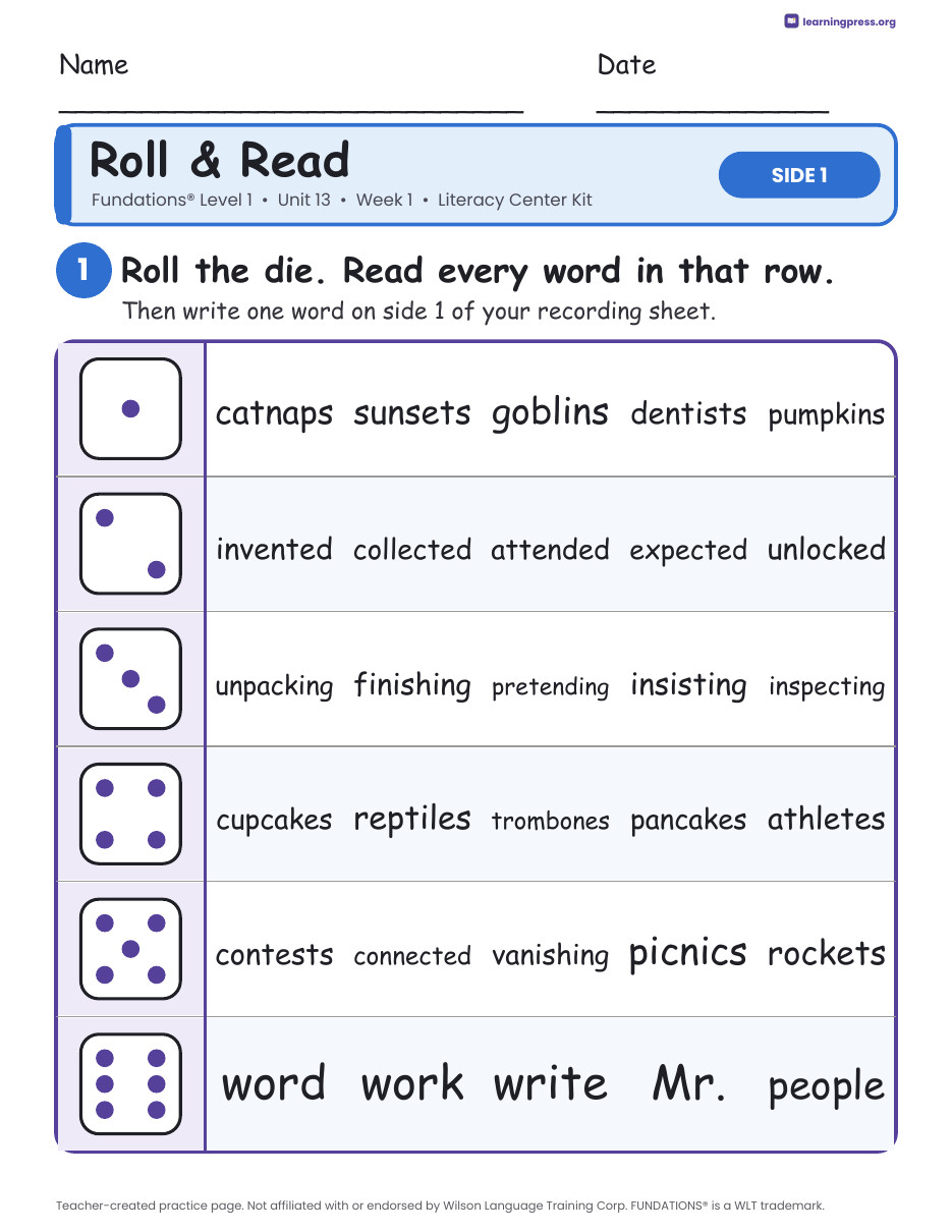 Preview page 1 of Fundations Level 1 Unit 13 Week 1 Literacy Center Kit