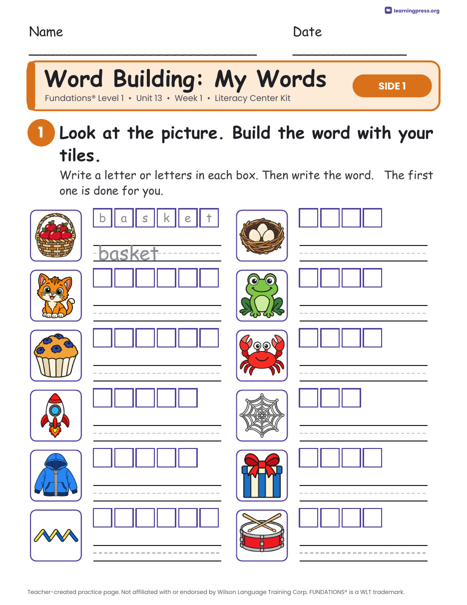 Preview page 2 of Fundations Level 1 Unit 13 Week 1 Literacy Center Kit