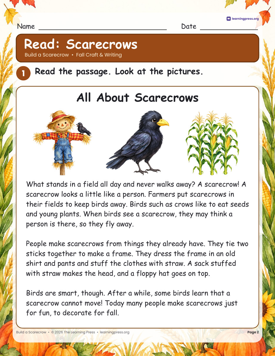 Preview page 1 of Scarecrow Craft & Writing · Build a Scarecrow Cut and Glue Fall Activity