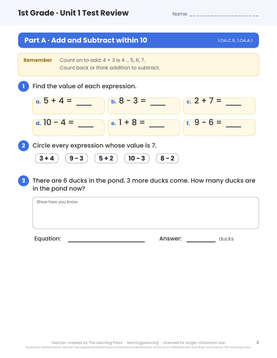 Preview page 1 of Illustrative Math (IM®) Aligned 1st Grade Unit 1 Test Review