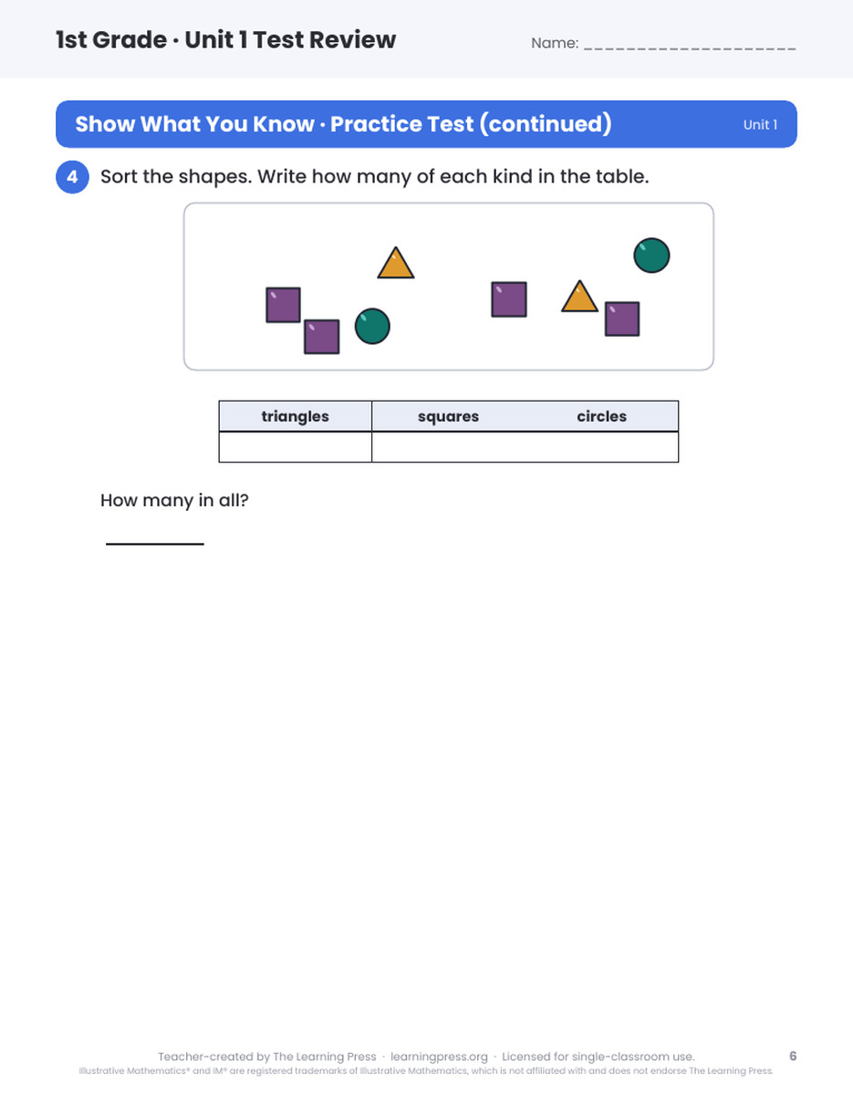 Preview page 4 of Illustrative Math (IM®) Aligned 1st Grade Unit 1 Test Review