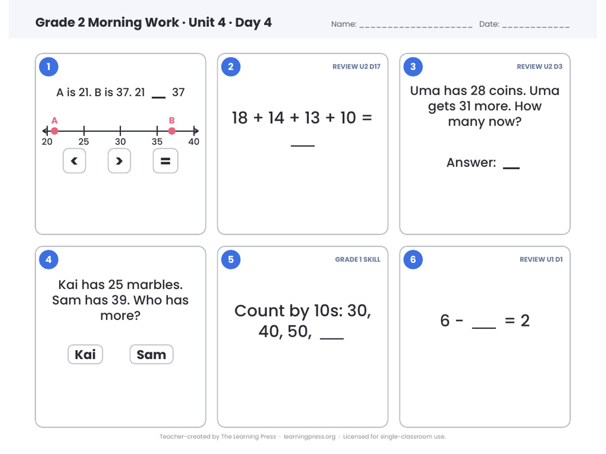 Preview page 2 of Illustrative Math (IM®) Aligned 2nd Grade Unit 4 Morning Work