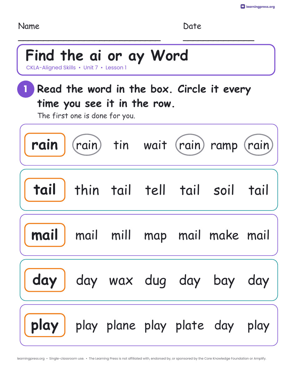 Preview page 1 of CKLA-Aligned Grade 1 Skills Unit 7 Worksheets (Lessons 1–21)