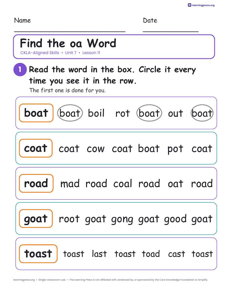 Preview page 4 of CKLA-Aligned Grade 1 Skills Unit 7 Worksheets (Lessons 1–21)