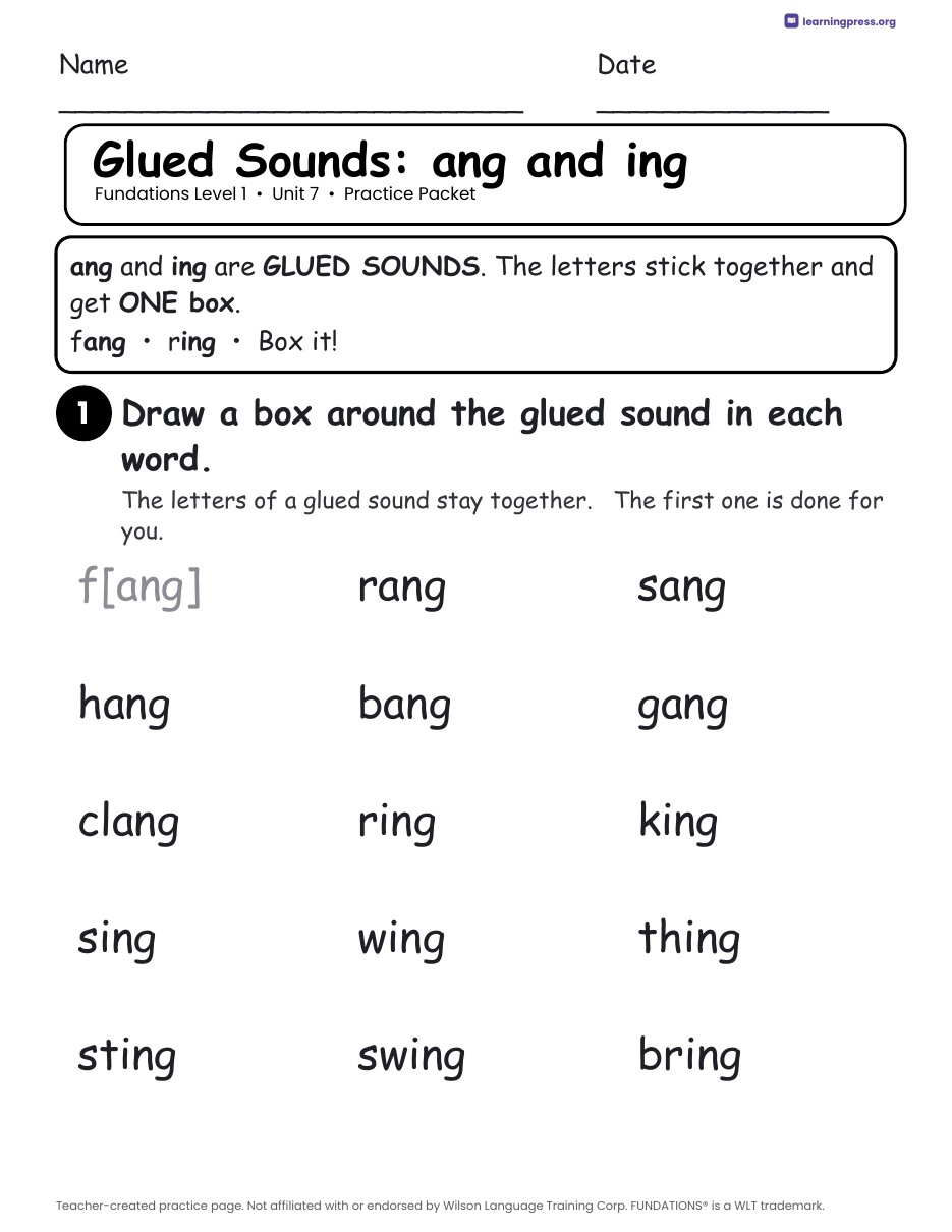 Preview page 1 of Fundations Level 1 Unit 7 Practice Packet