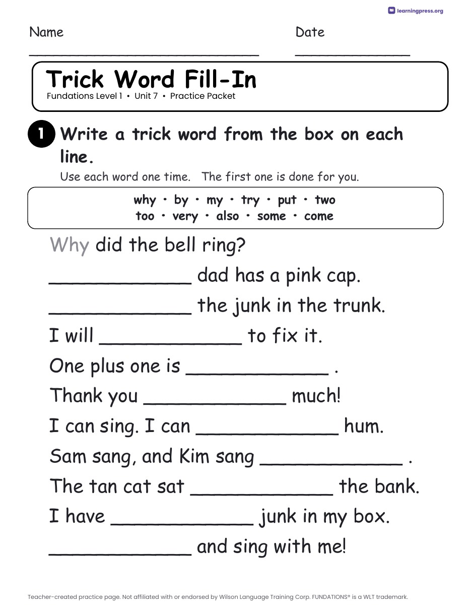 Preview page 3 of Fundations Level 1 Unit 7 Practice Packet