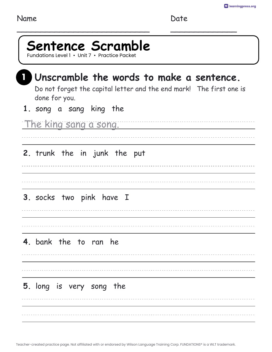 Preview page 4 of Fundations Level 1 Unit 7 Practice Packet