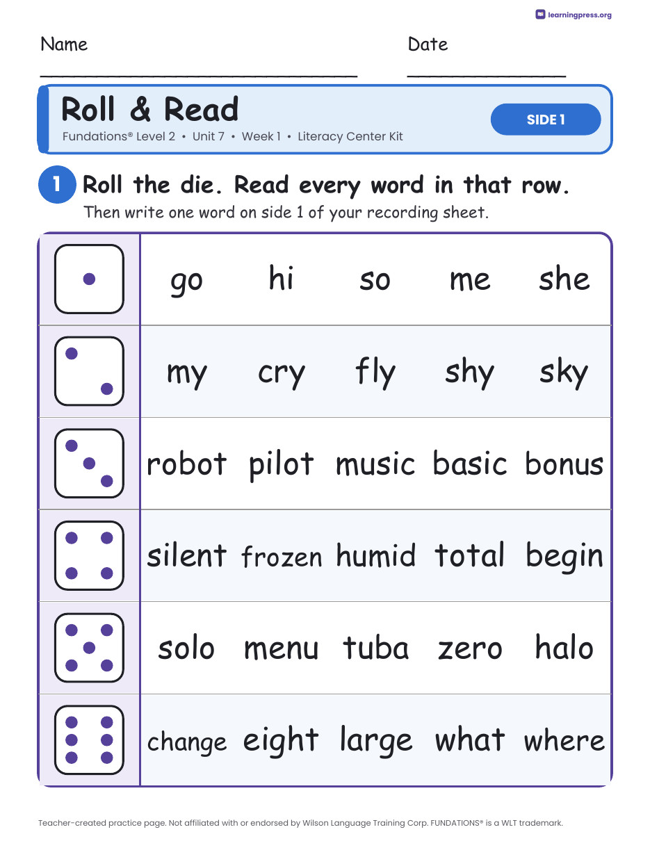 Preview page 1 of Fundations Level 2 Unit 7 Week 1 Literacy Center Kit