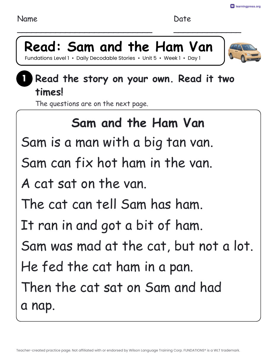 Preview page 1 of Fundations Level 1 Unit 5 Daily Decodable Stories