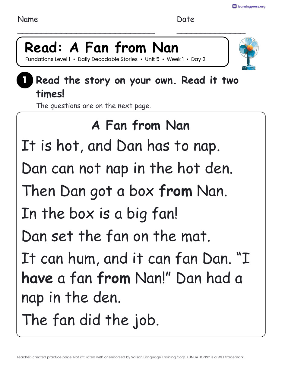 Preview page 2 of Fundations Level 1 Unit 5 Daily Decodable Stories