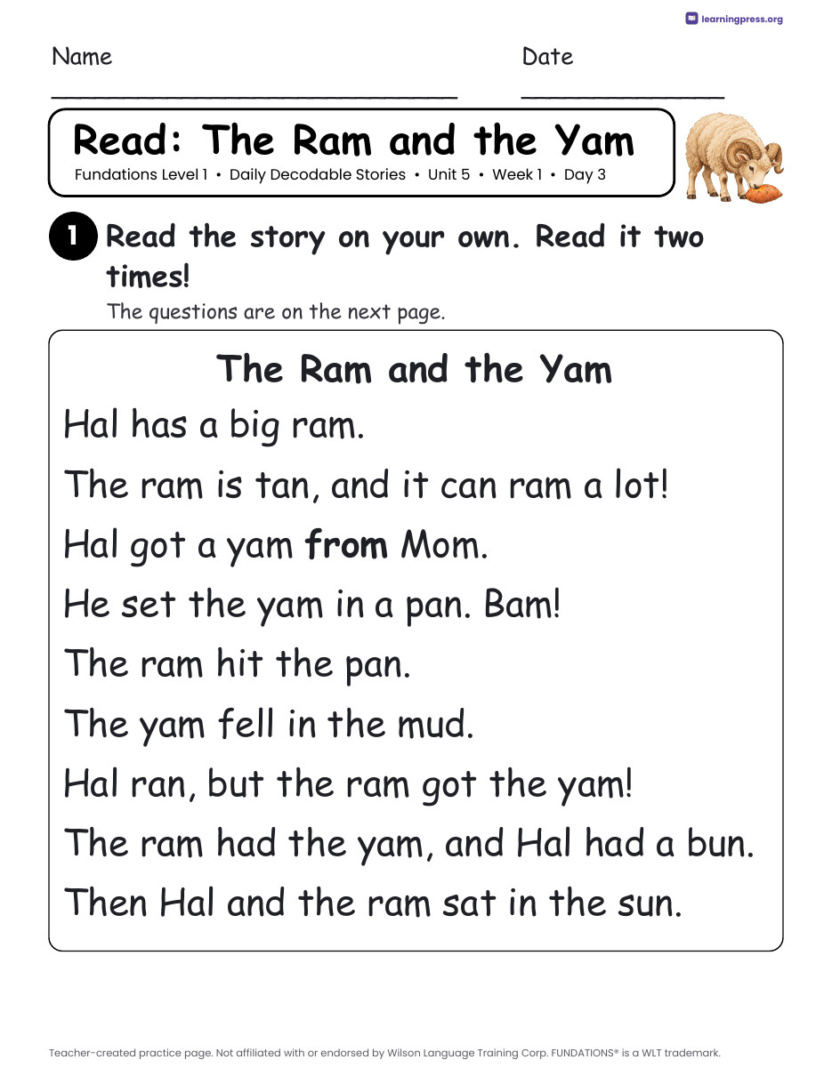 Preview page 3 of Fundations Level 1 Unit 5 Daily Decodable Stories