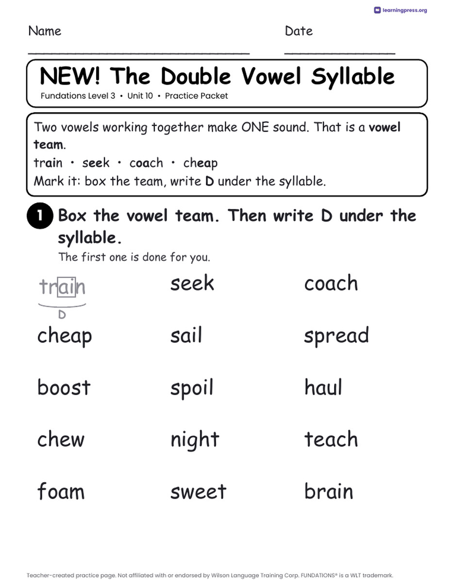 Preview page 1 of Fundations Level 3 Unit 10 Practice Packet
