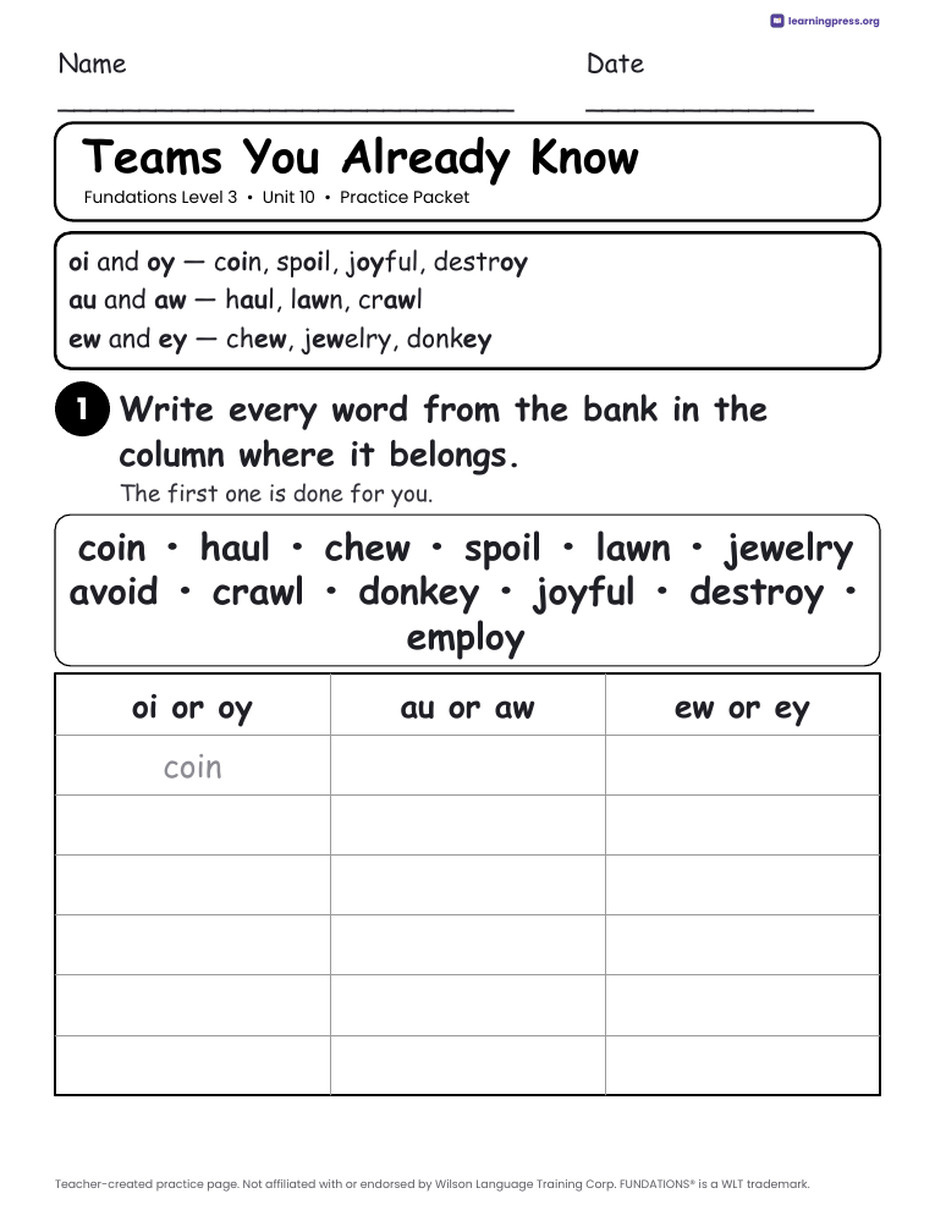 Preview page 2 of Fundations Level 3 Unit 10 Practice Packet
