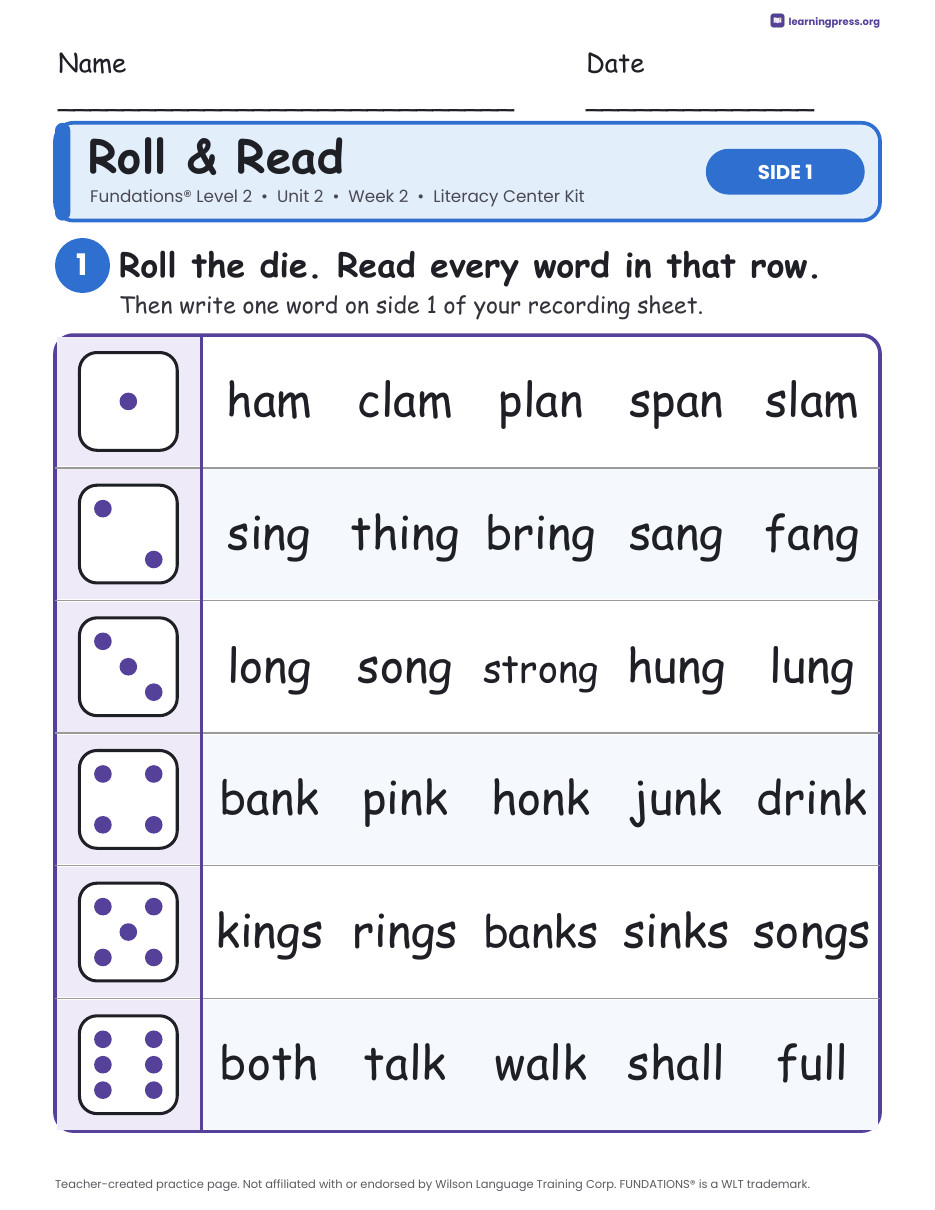 Preview page 1 of Fundations Level 2 Unit 2 Week 2 Literacy Center Kit