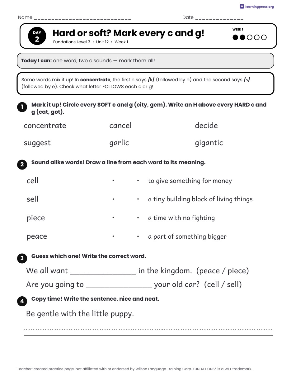 Preview page 1 of Fundations Level 3 Unit 12 Daily Lesson Work Pages