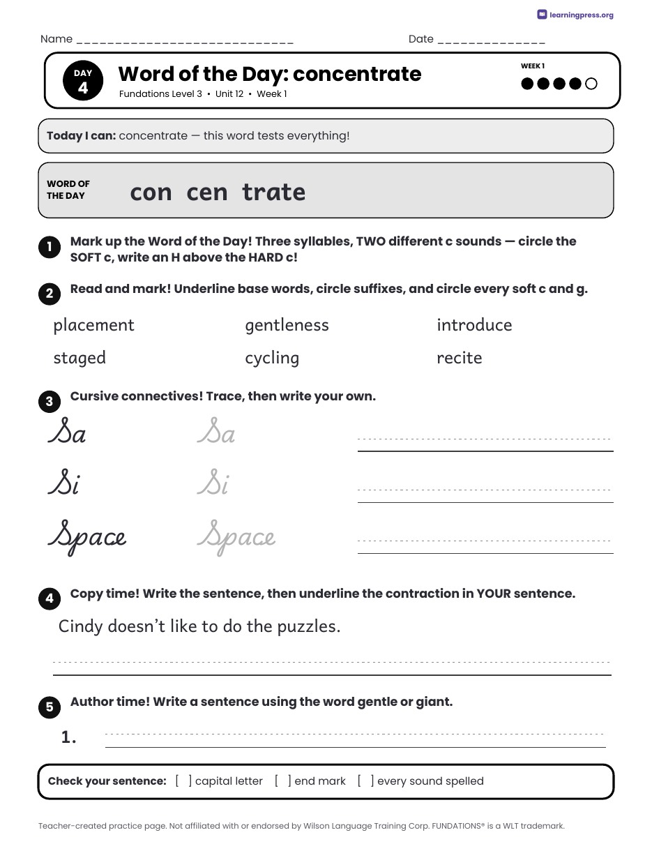 Preview page 2 of Fundations Level 3 Unit 12 Daily Lesson Work Pages