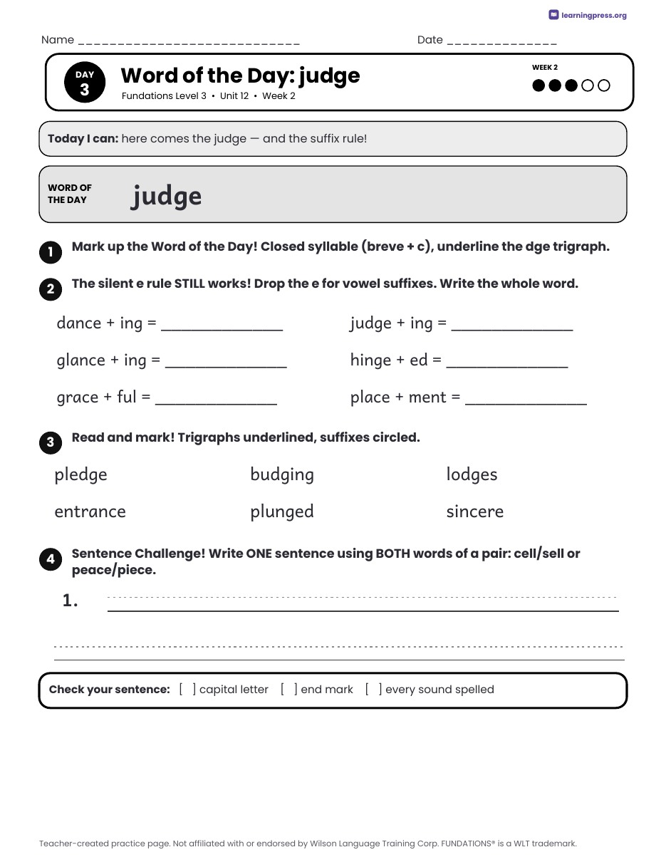 Preview page 4 of Fundations Level 3 Unit 12 Daily Lesson Work Pages