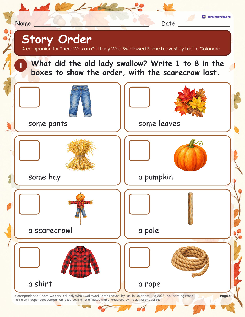 Preview page 2 of There Was an Old Lady Who Swallowed Some Leaves Book Companion · Fall Activities