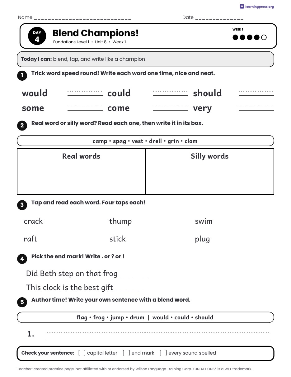 Preview page 2 of Fundations Level 1 Unit 8 Daily Lesson Work Pages