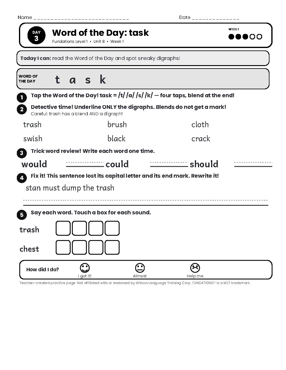 Preview page 4 of Fundations Level 1 Unit 8 Practice Pack