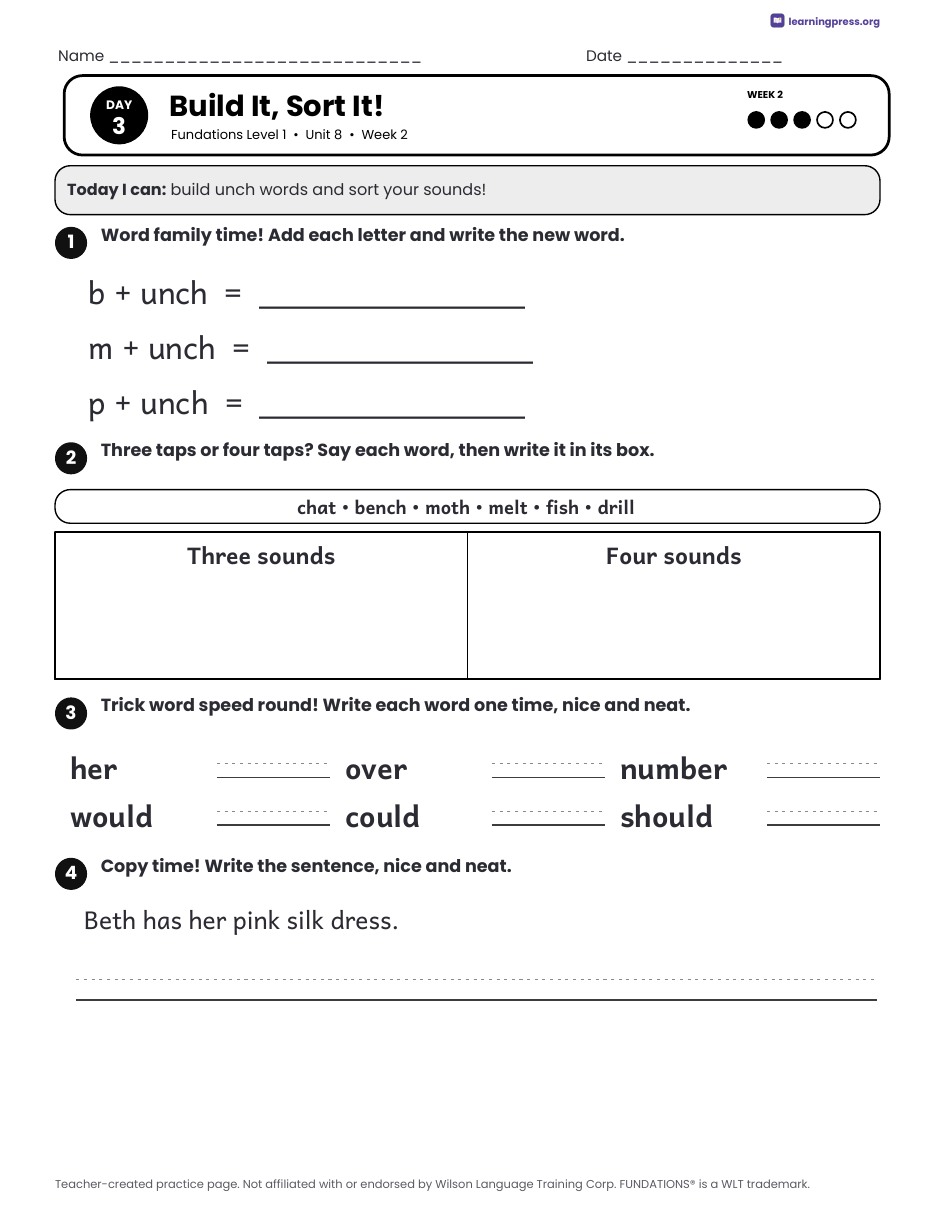 Preview page 4 of Fundations Level 1 Unit 8 Daily Lesson Work Pages