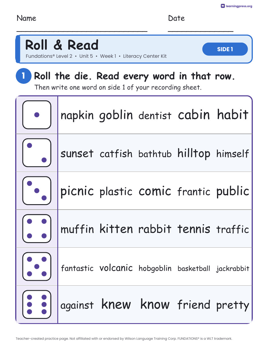 Preview page 1 of Fundations Level 2 Unit 5 Week 1 Literacy Center Kit