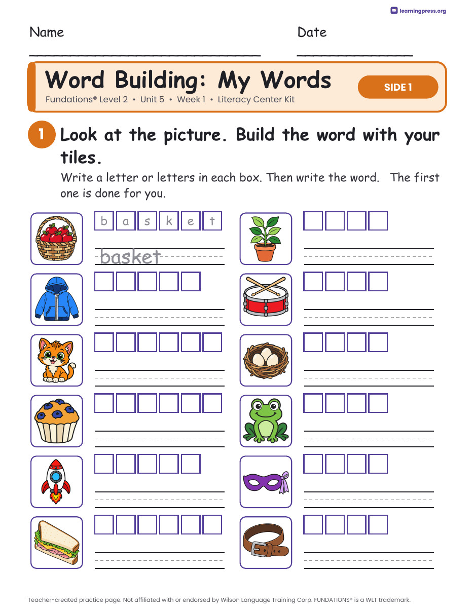 Preview page 2 of Fundations Level 2 Unit 5 Week 1 Literacy Center Kit