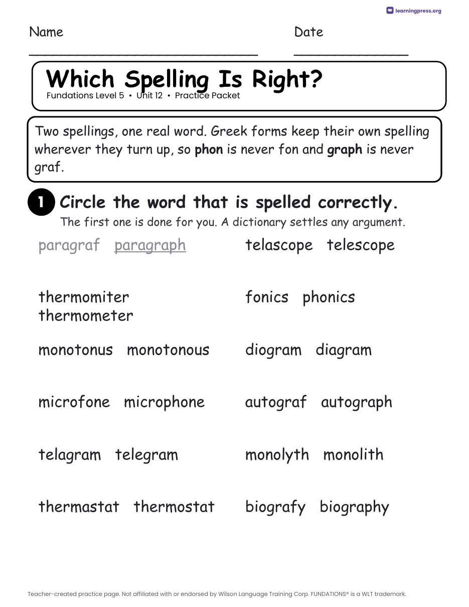 Preview page 2 of Fundations Level 5 Unit 12 Practice Packet