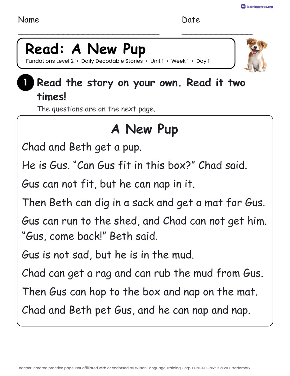 Preview page 1 of Fundations Level 2 Unit 1 Daily Decodable Stories