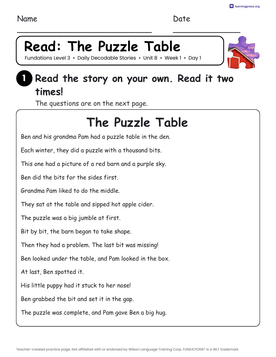 Preview page 1 of Fundations Level 3 Unit 8 Daily Decodable Stories