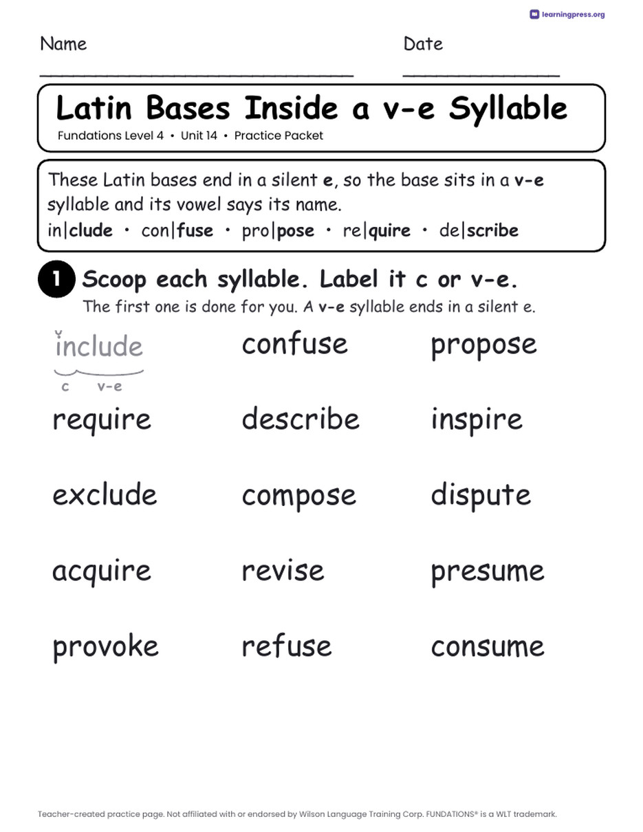 Preview page 1 of Fundations Level 4 Unit 14 Practice Packet