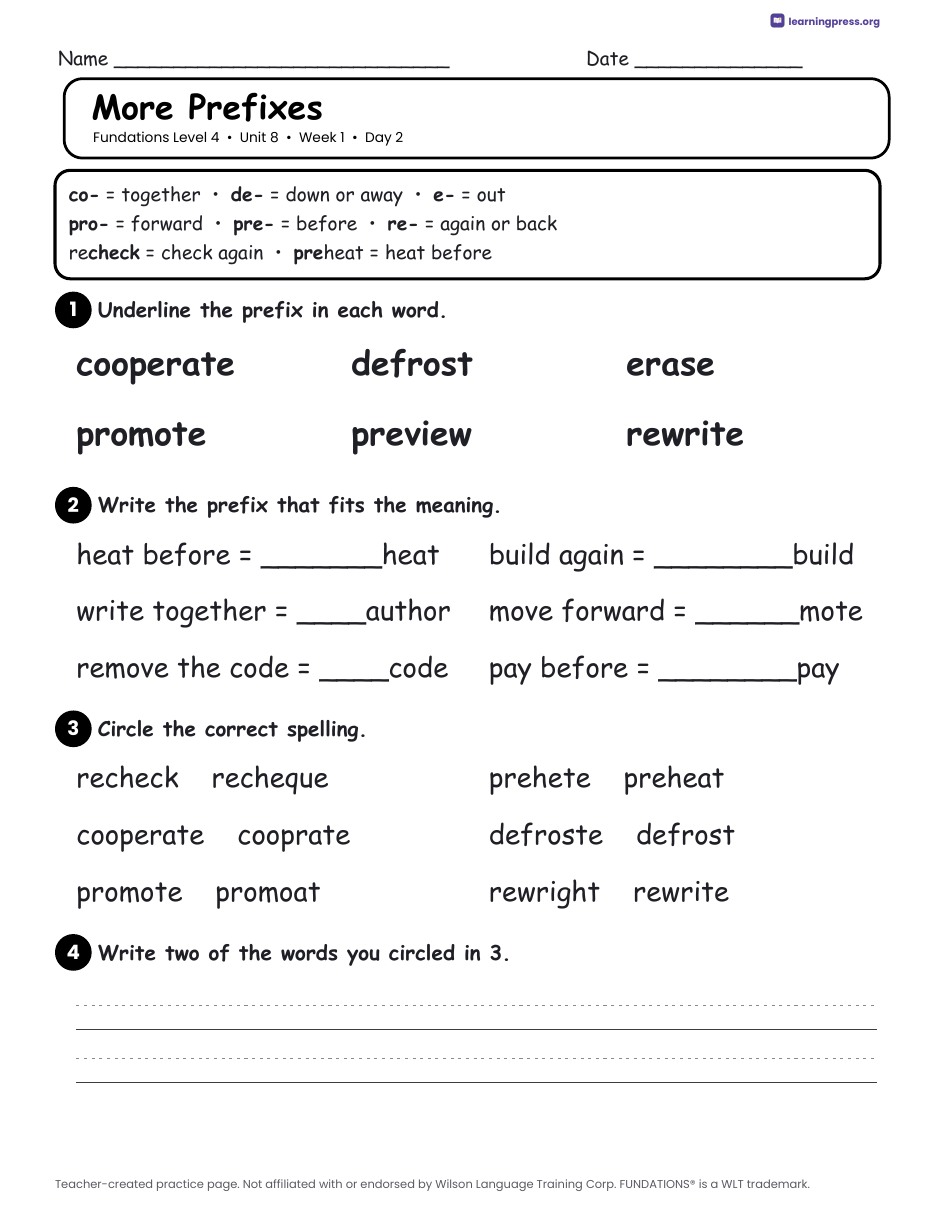Preview page 1 of Fundations Level 4 Unit 8 Daily Lesson Work Pages